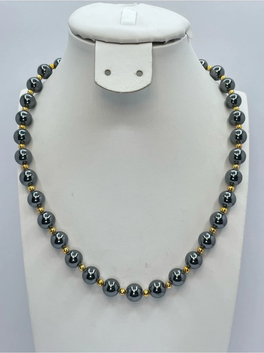 Vintage Hematite Gemstone Gold Beaded Necklace Boho Statement Bold Timeless